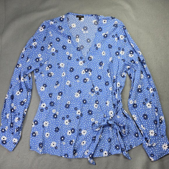 Talbots Shirt Womens Large Blue Daisy Floral Wrap Blouse Top Boho Preppy Casual - Picture 13 of 13